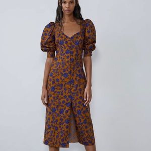 Blue Floral Print Rust Brown Printed Poplin Zara Dress